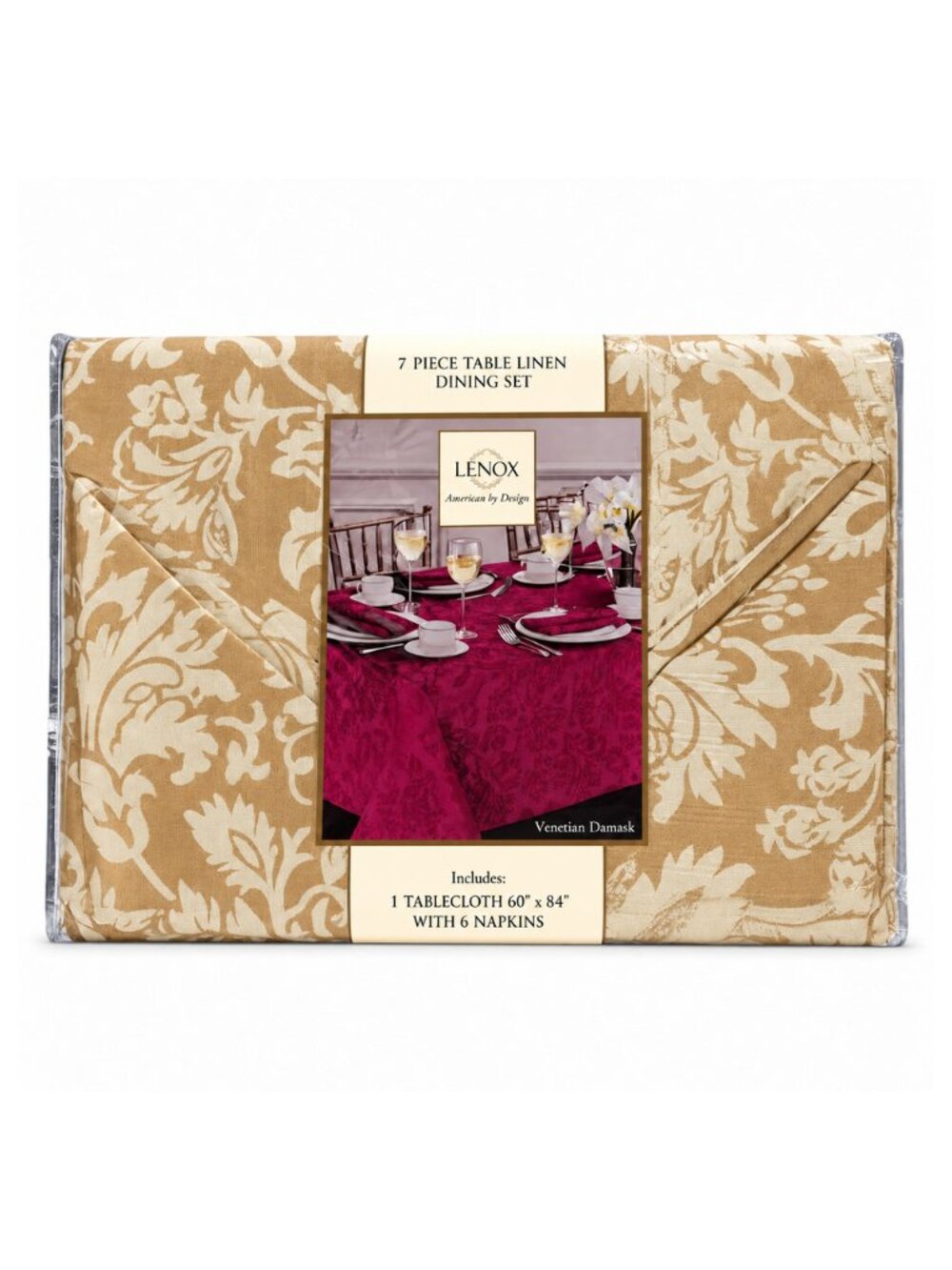 Lenox Venetian Damask Gold 60 x 84 Tablecloth 7pc Set 6 Napkins Jacquard NWT NIP
